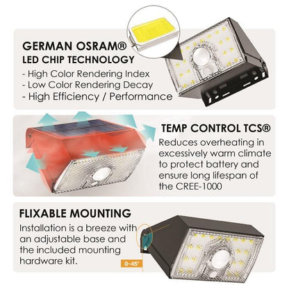 Lampe solaire d'extérieur avec détecteur de mouvement Cree-1000® | Osram Allemagne | Du crépuscule à l'aube | Lot de 2 