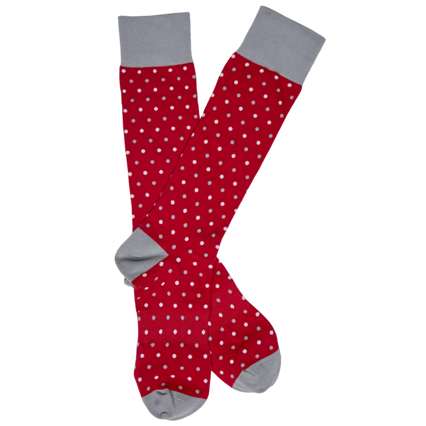 Crimson DeadSoxy socks, team colorways, red with white polka dots and gray cuffs on Tampa Home & Garden Store
