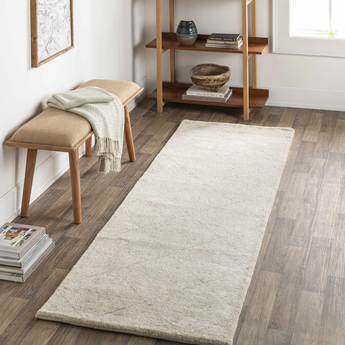 Caramoran Premium Rug - Clearance beige textured rug by Boutique Rugs in a cozy hallway on Tampa Home & Garden Store