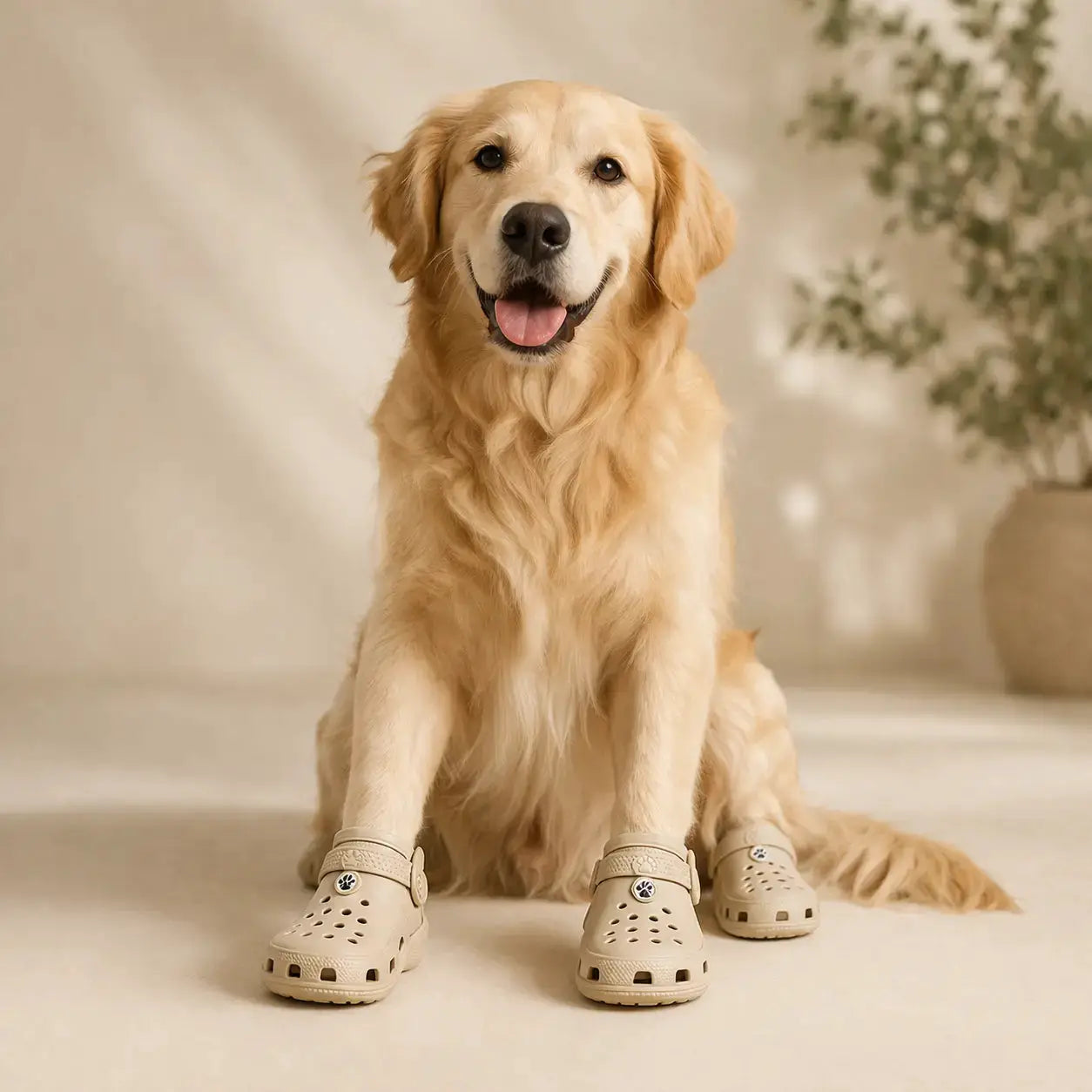 Indoor Dog Boots non-slip beige shoes Max & Rex; 3 pairs shown with a golden retriever on Tampa Home & Garden Store