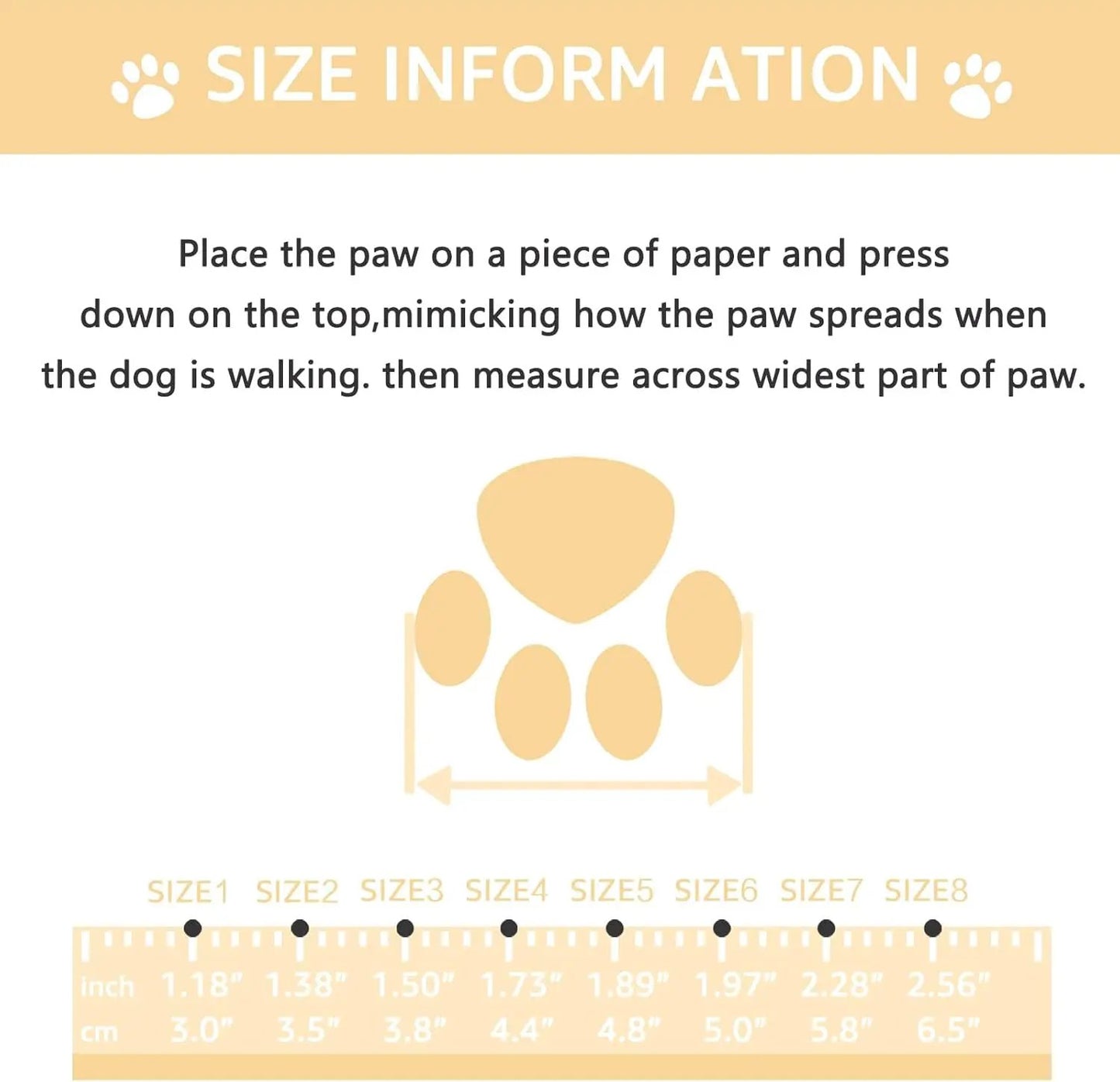 Indoor Dog Boots The Max & Rex Collection peach size chart with paw graphic and ruler on Tampa Home & Garden Store