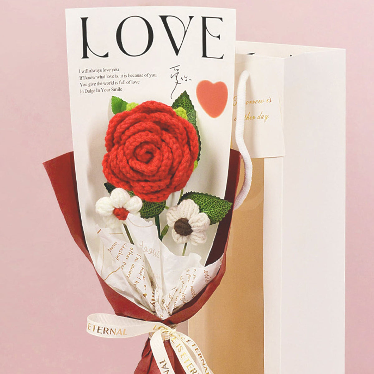 Shaketea crochet rose bouquet gift: red rose with crochet petals, wrapped in ribbon on Tampa Home & Garden Store