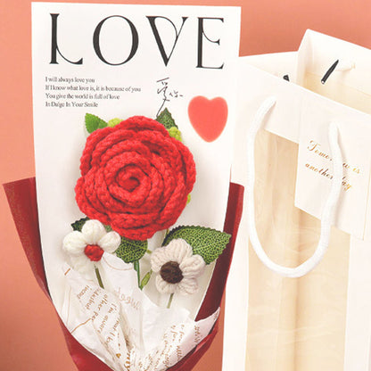 Crochet rose bouquet by Shaketea with red rose, green leaves, white wrapping on Tampa Home & Garden Store