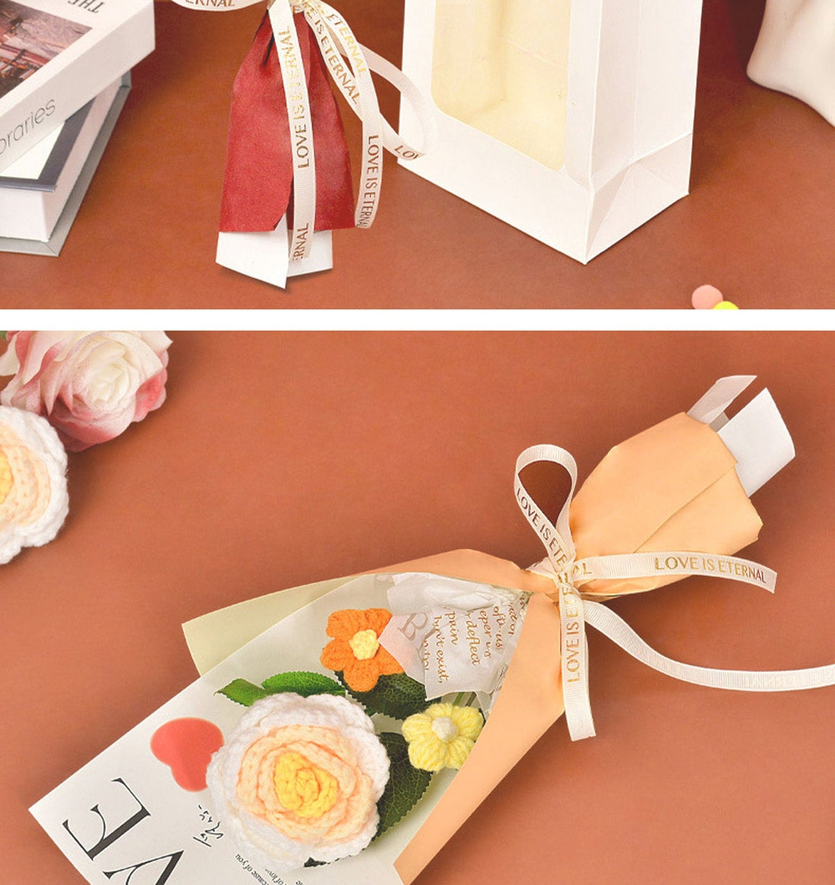 Crochet rose bouquet gift with peach and pink roses in a gift box ribboned on Tampa Home & Garden Store