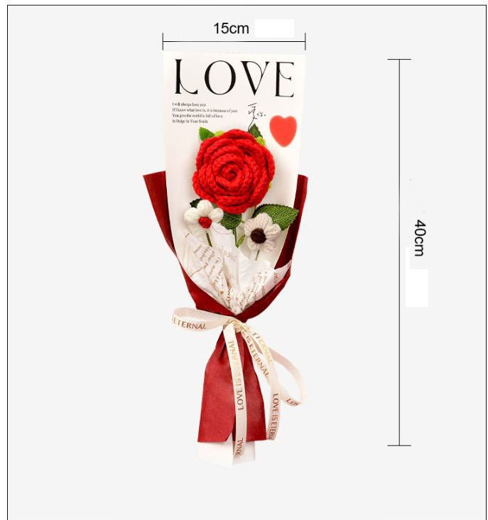 Crochet rose bouquet by Shaketea, red rose with white accents in red wrap and cream ribbon on Tampa Home & Garden Store