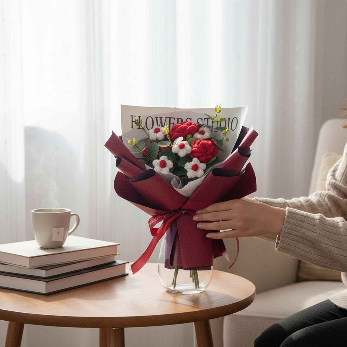 Crochet rose bouquet with red roses and white daisies in burgundy wrap artificial flowers on Tampa Home & Garden Store