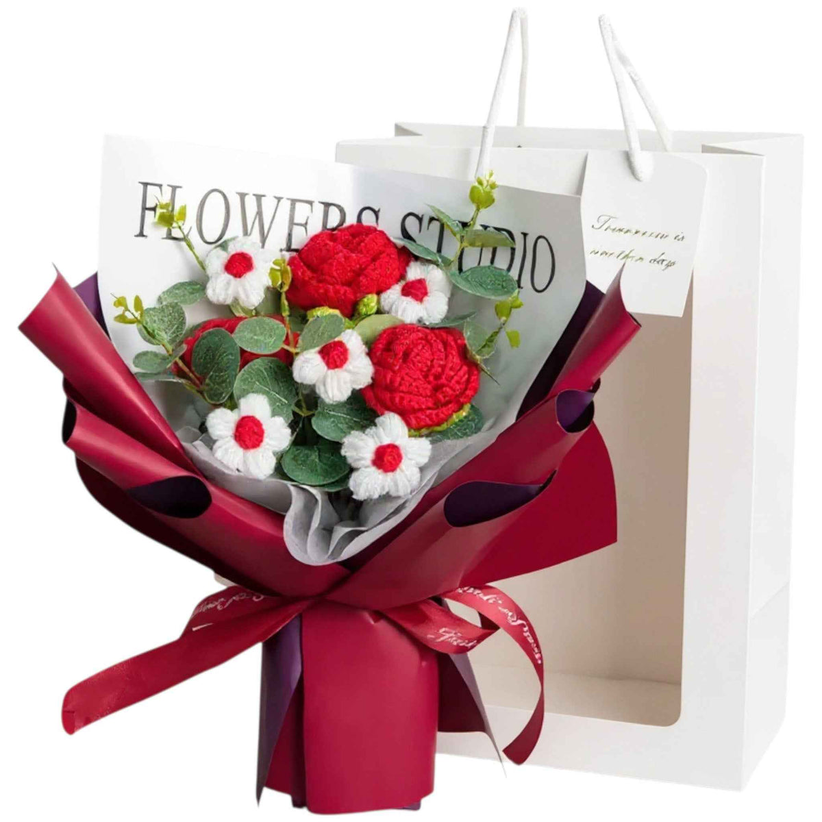 Crochet rose bouquet with red and white blooms, greenery; gift-wrapped with burgundy ribbon on Tampa Home & Garden Store