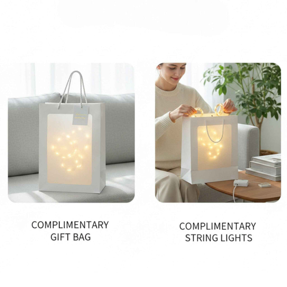 White gift bag with warm LED string lights glowing inside, cozy home gifting scene on Tampa Home & Garden Store
