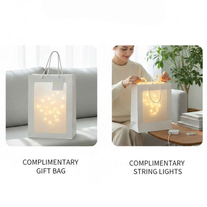 White gift bag with warm LED string lights glowing inside, cozy home gifting scene on Tampa Home & Garden Store