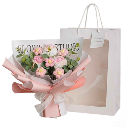 Crochet pink rose bouquet with greenery wrapped in soft pink paper on Tampa Home & Garden Store