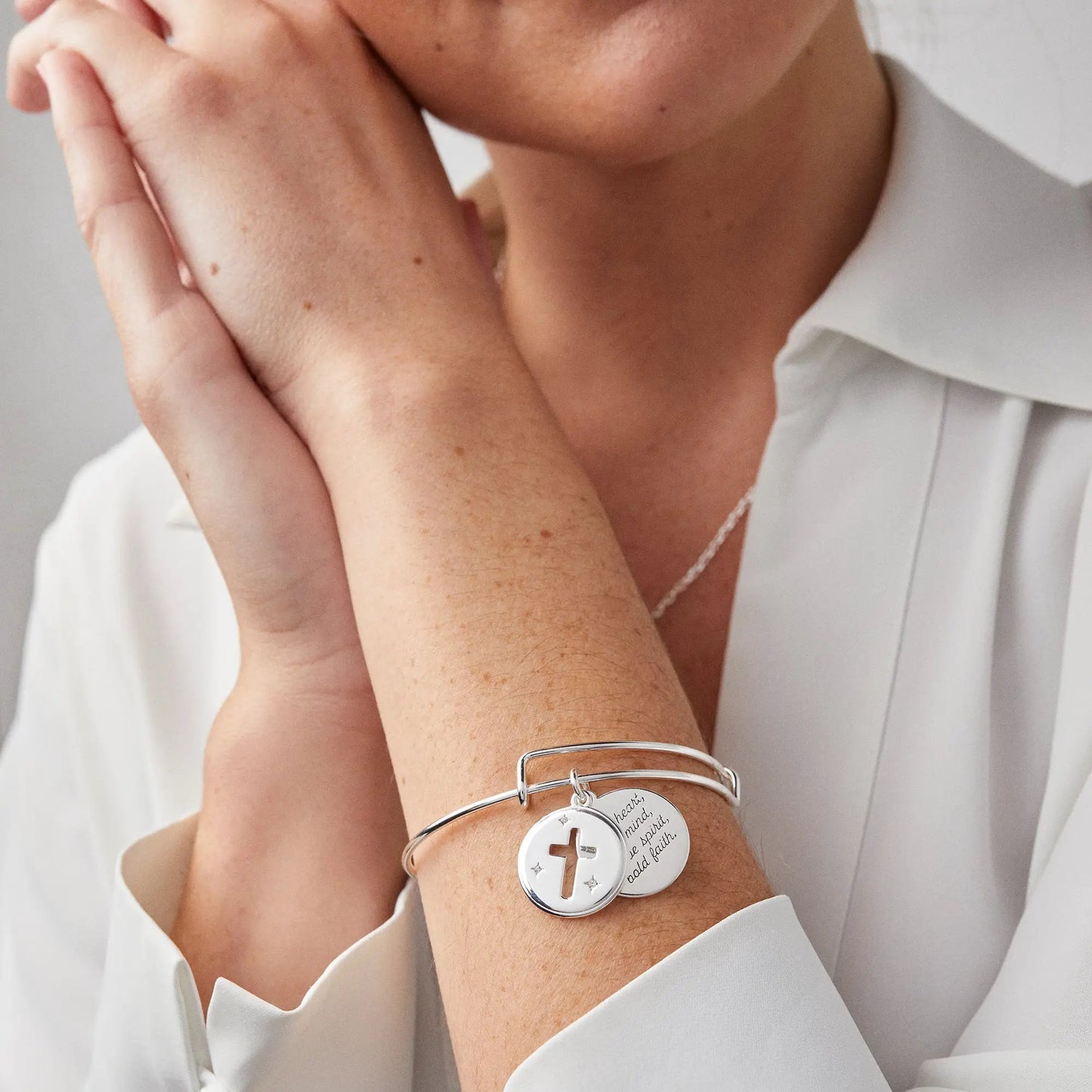 Hidden Message Cross Bangle by Alex and Ani; silvertone bracelet with charm and cross cutout on Tampa Home & Garden Store