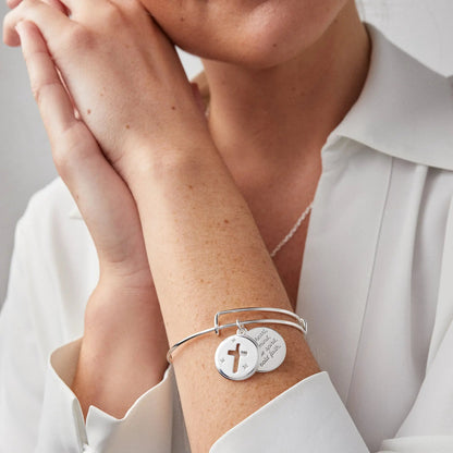 Hidden Message Cross Bangle by Alex and Ani; silvertone bracelet with charm and cross cutout on Tampa Home & Garden Store