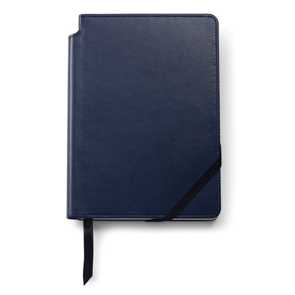 Medium midnight blue leather journal with black elastic band and ribbon bookmark on Tampa Home & Garden Store