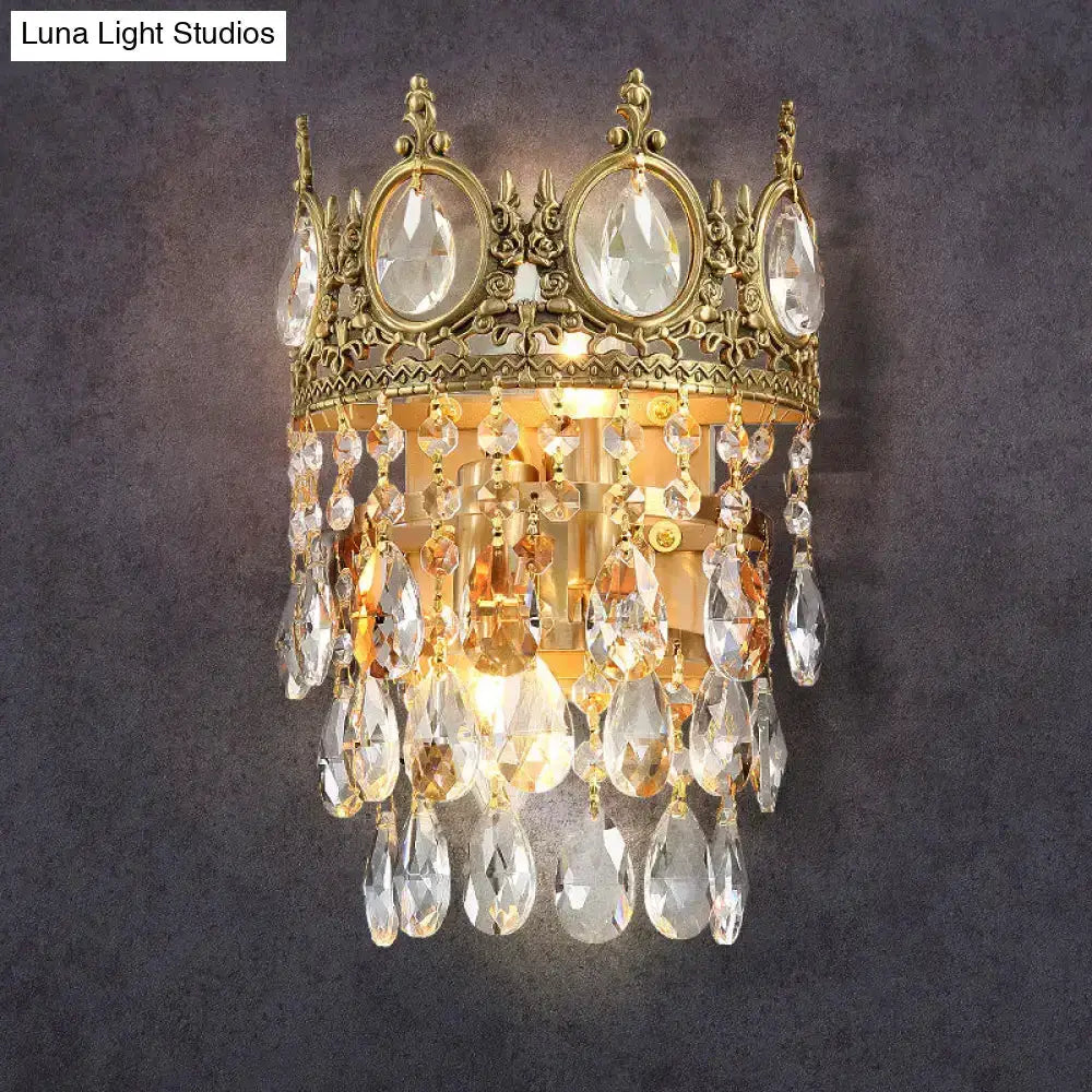 Crown aged brass wall sconce with clear crystal prisms, vintage chandelier Decorbites on Tampa Home & Garden Store