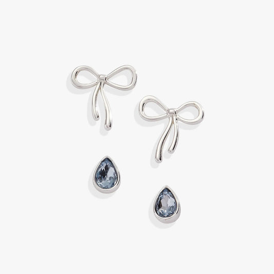Bow & Teardrop Stud Earring Set with silver bows and blue teardrop gems 4-piece on Tampa Home & Garden Store