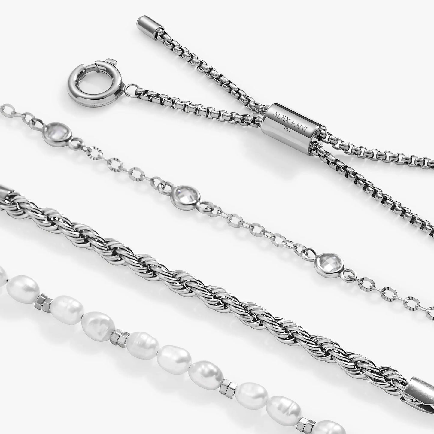 Crystal + Pearl Stranded™ Bracelet Set by ALEX AND ANI; silver chain bracelets with pearls on Tampa Home & Garden Store