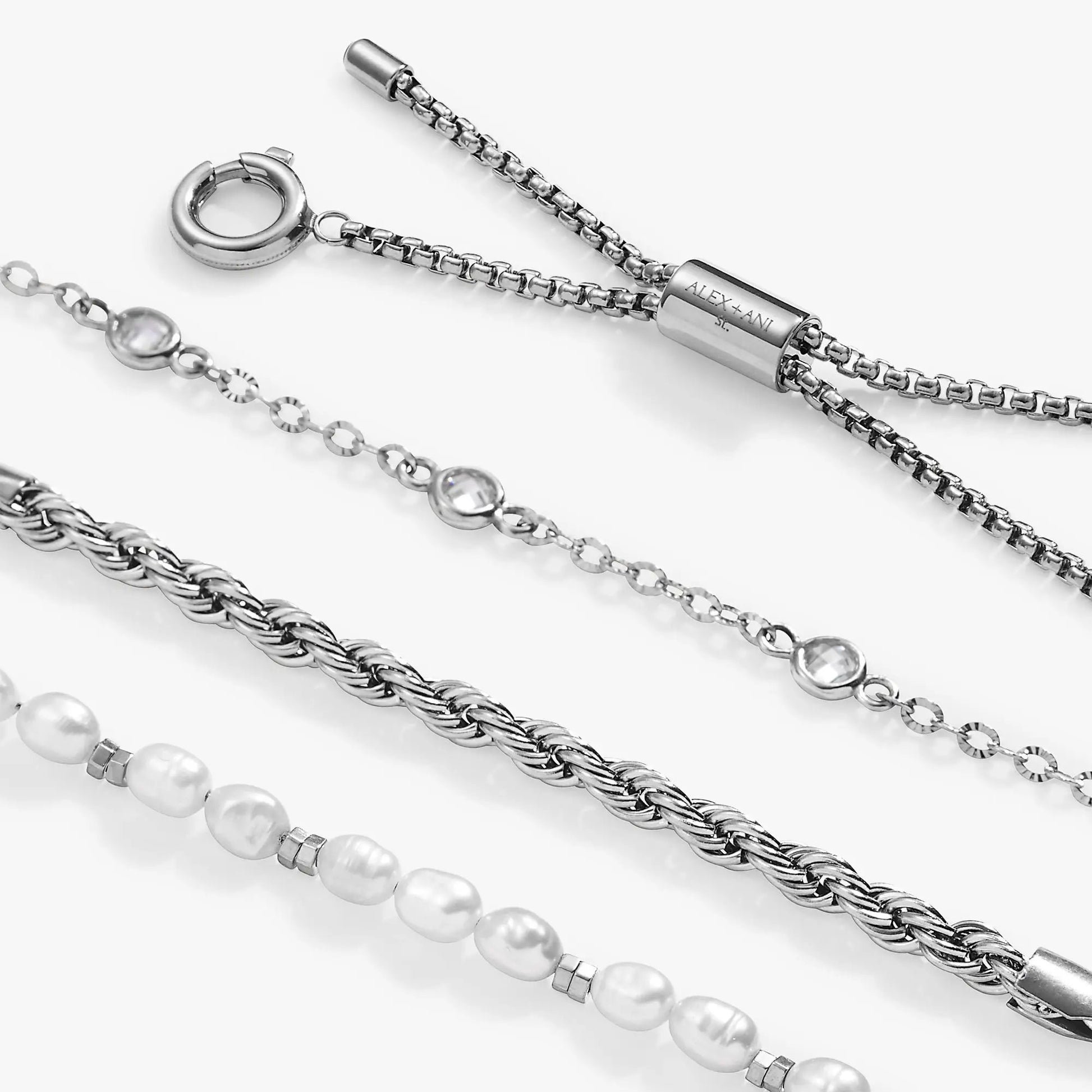 Crystal + Pearl Stranded™ Bracelet Set by ALEX AND ANI; silver chain bracelets with pearls on Tampa Home & Garden Store