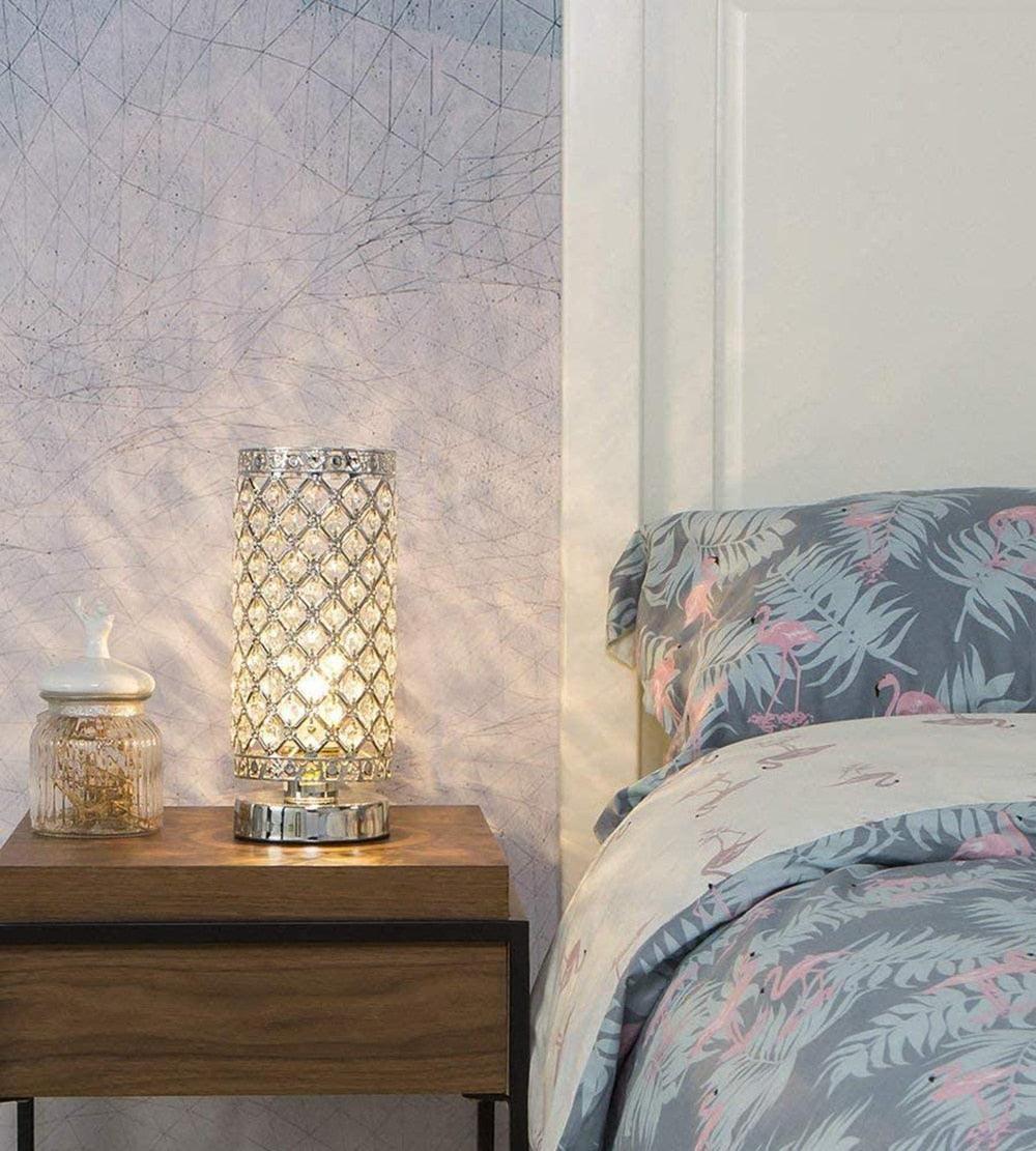 Crystal bedside table lamp Stevvex silver lattice with diamond pattern on wooden nightstand on Tampa Home & Garden Store