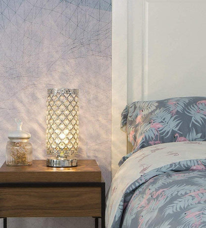 Crystal bedside table lamp Stevvex silver lattice with diamond pattern on wooden nightstand on Tampa Home & Garden Store
