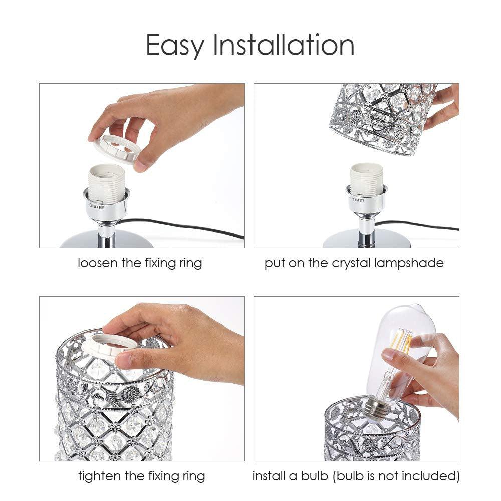 Stevvex crystal bedside lamp: silver base, loosen ring, fit crystal shade, tighten ring, bulb on Tampa Home & Garden Store