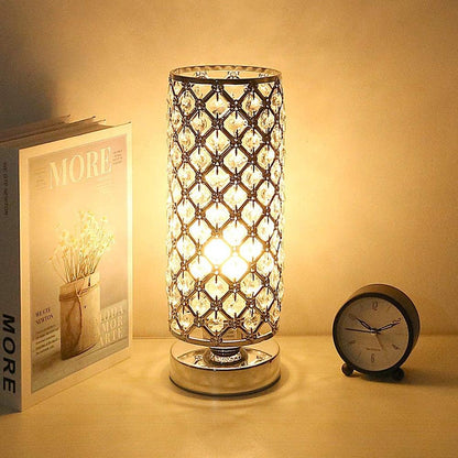 Crystal bedside lamp Sliver with cylindrical lattice shade and metallic base, warm glow on Tampa Home & Garden Store