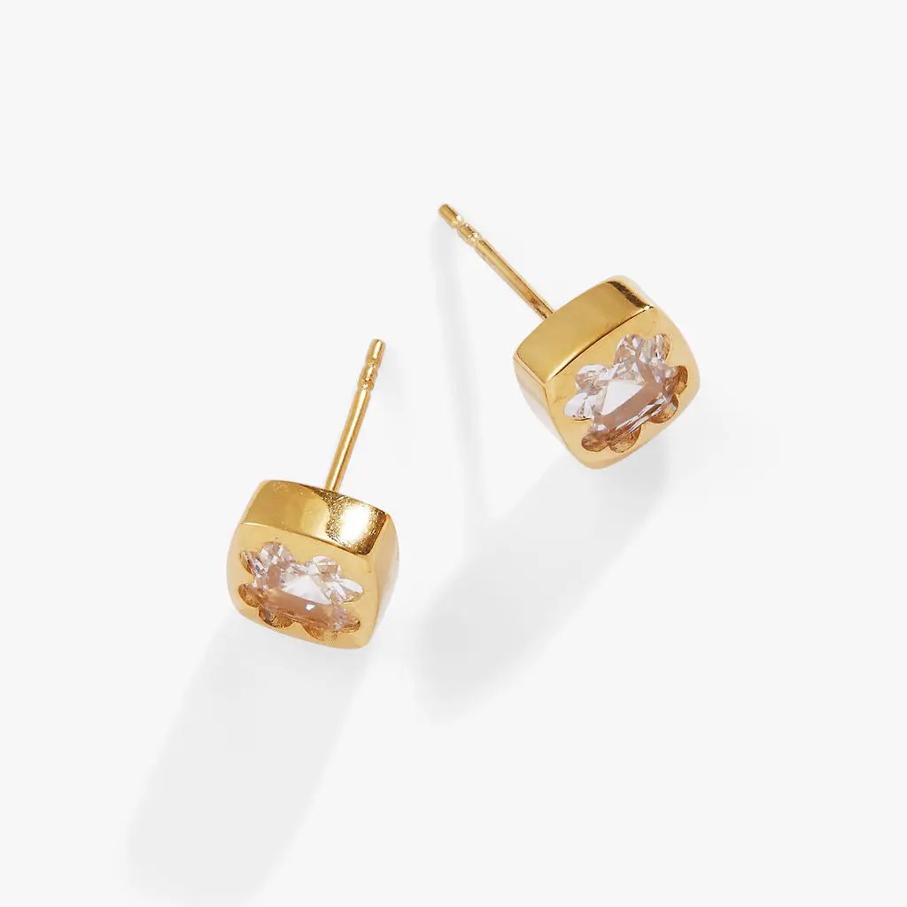 Crystal Clover Mini Stud Earrings pair gold-tone with clear crystals from ALEX AND ANI on Tampa Home & Garden Store