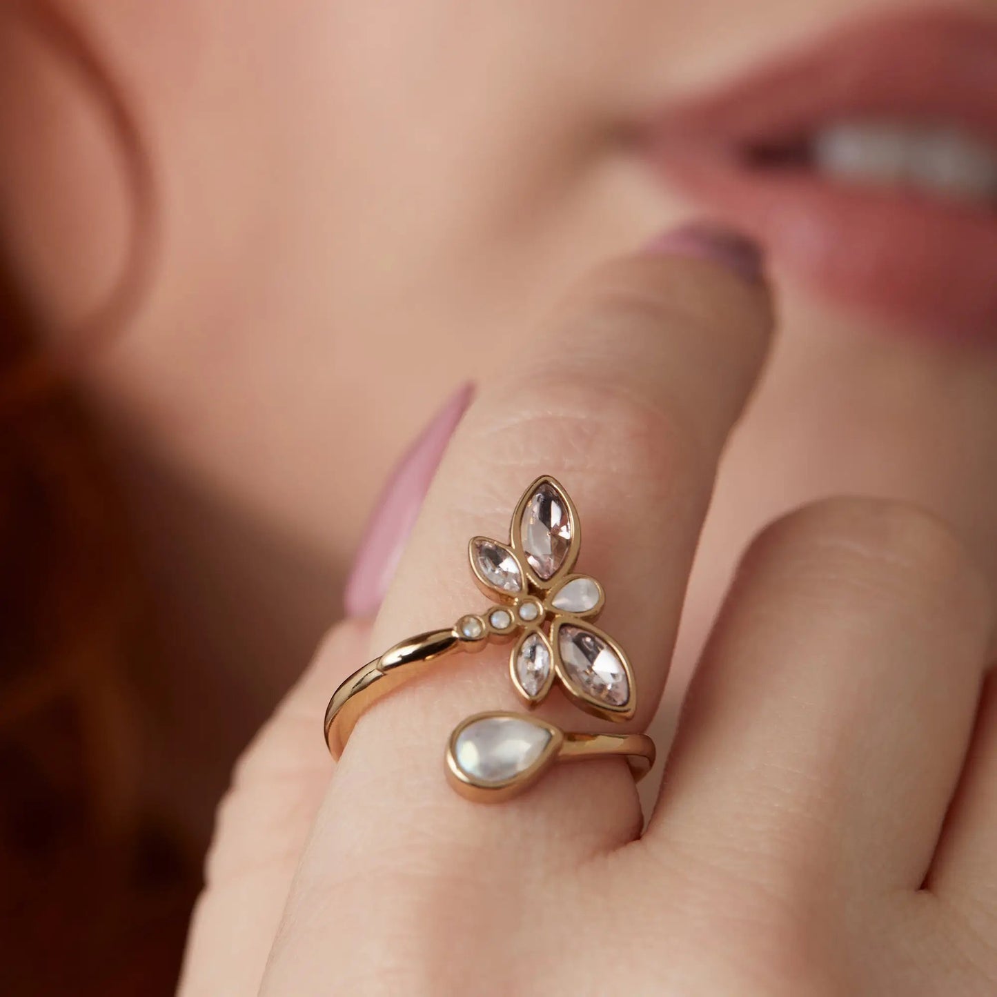 Crystal Dragonfly Ring With Opal and Rose Crystal
