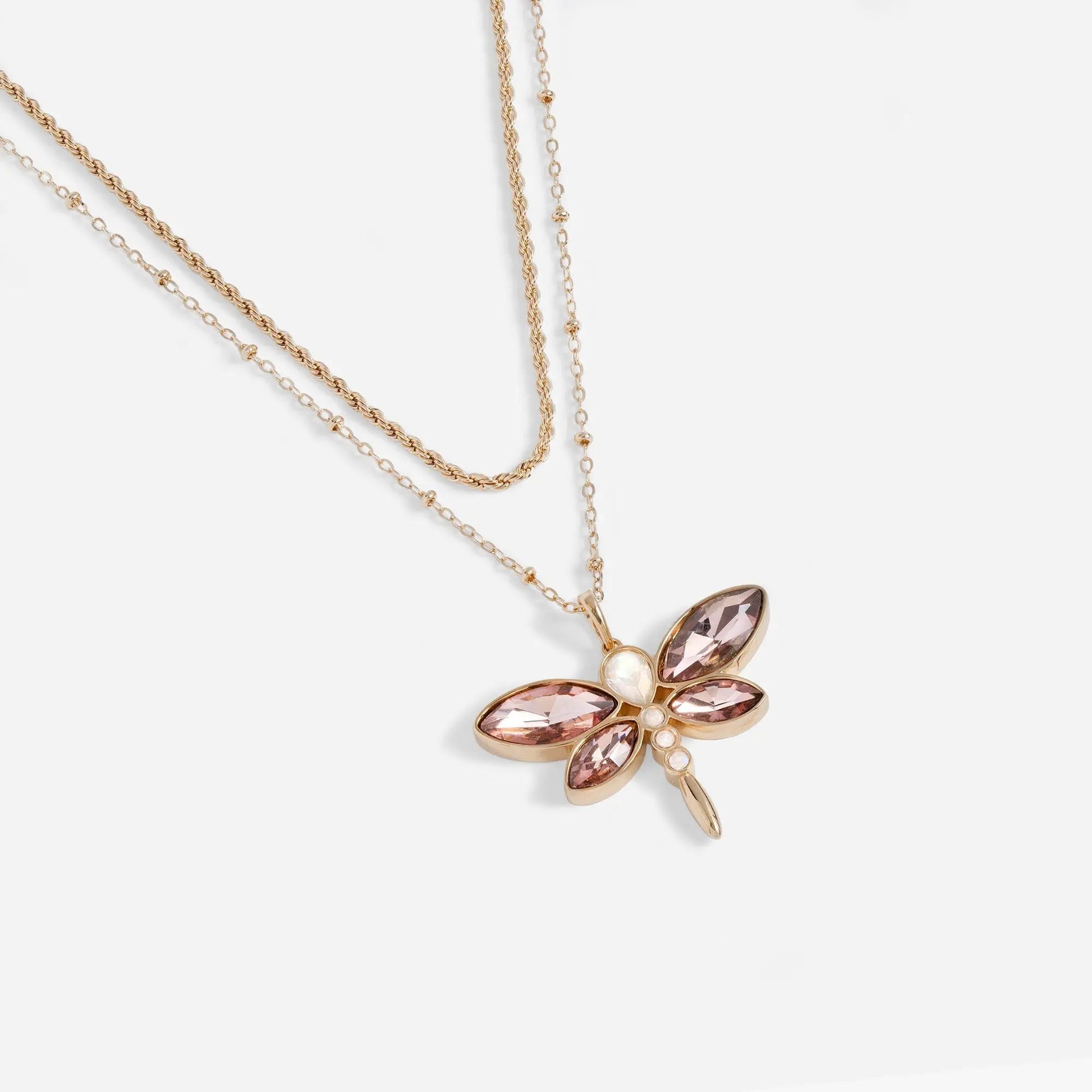 Crystal Dragonfly Double Layer Necklace with gold-tone chains and pink faceted wings on Tampa Home & Garden Store