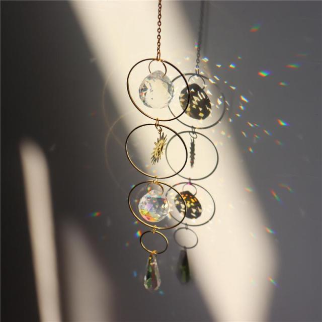 Crystal dream wind chime by Stevvex with gold hoops and hanging prisms, wall hanging wind spinner on Tampa Home & Garden Store