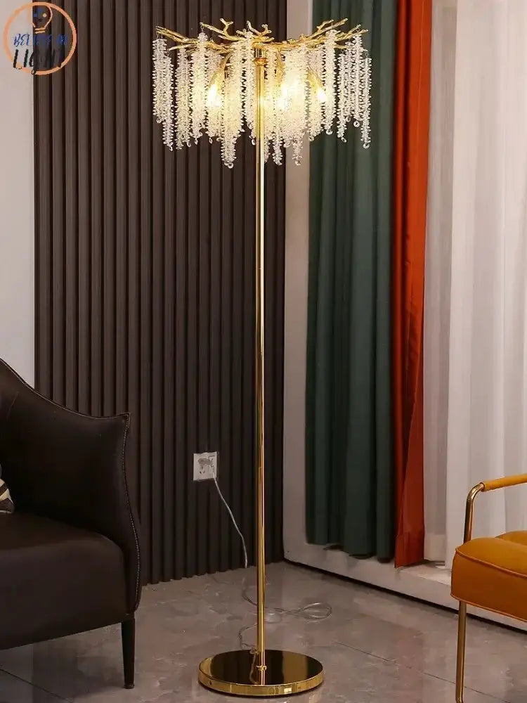 Crystal Gold Led Floor Lamp Cascading Strands
