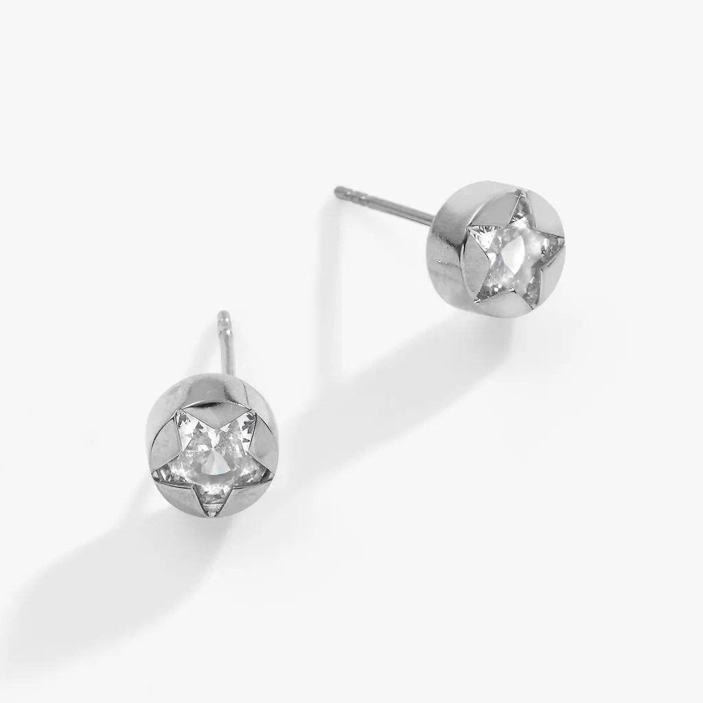 Alex and Ani Crystal Star Mini Stud Earrings, round silver studs with clear crystal star on Tampa Home & Garden Store