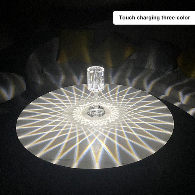 Stevvex crystal table lamp LED diamond touch RGB night light casts starburst on round table on Tampa Home & Garden Store