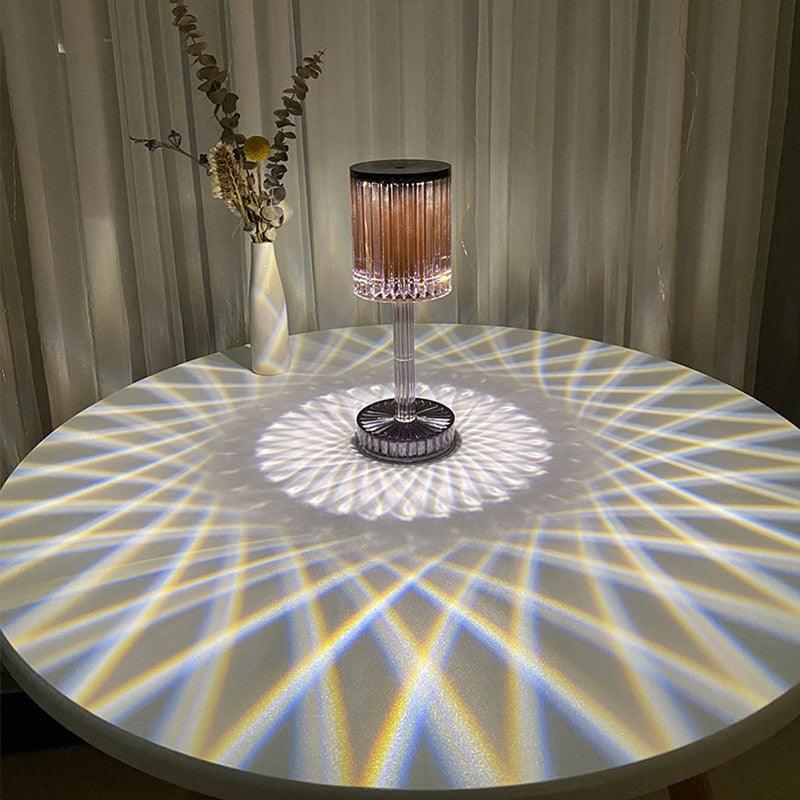 Crystal table lamp by Stevvex with pink ribbed shade, clear diamond stem, RGB LED touch control on Tampa Home & Garden Store