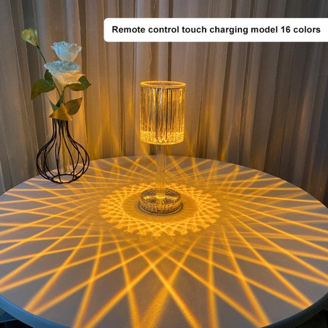 Crystal Table Lamp Stevvex RGB LED diamond-pattern touch control remote, lamp with vase on table on Tampa Home & Garden Store