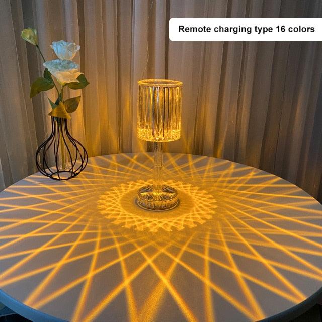 Crystal table lamp Stevvex LED diamond touch with RGB remote, warm amber glow on tabletop on Tampa Home & Garden Store