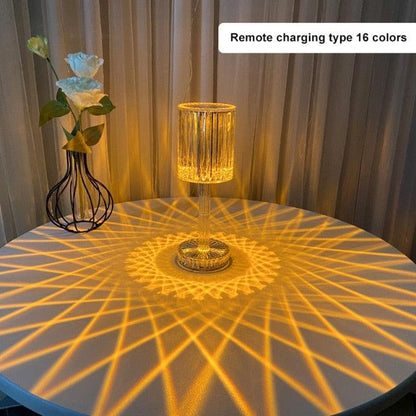 Crystal table lamp Stevvex LED diamond touch with RGB remote, warm amber glow on tabletop on Tampa Home & Garden Store