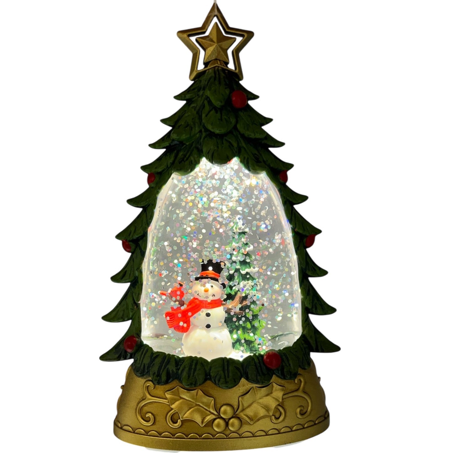 Snow globe tree ornament with water globe, snowman, green pine, red berries, gold star on Tampa Home & Garden Store
