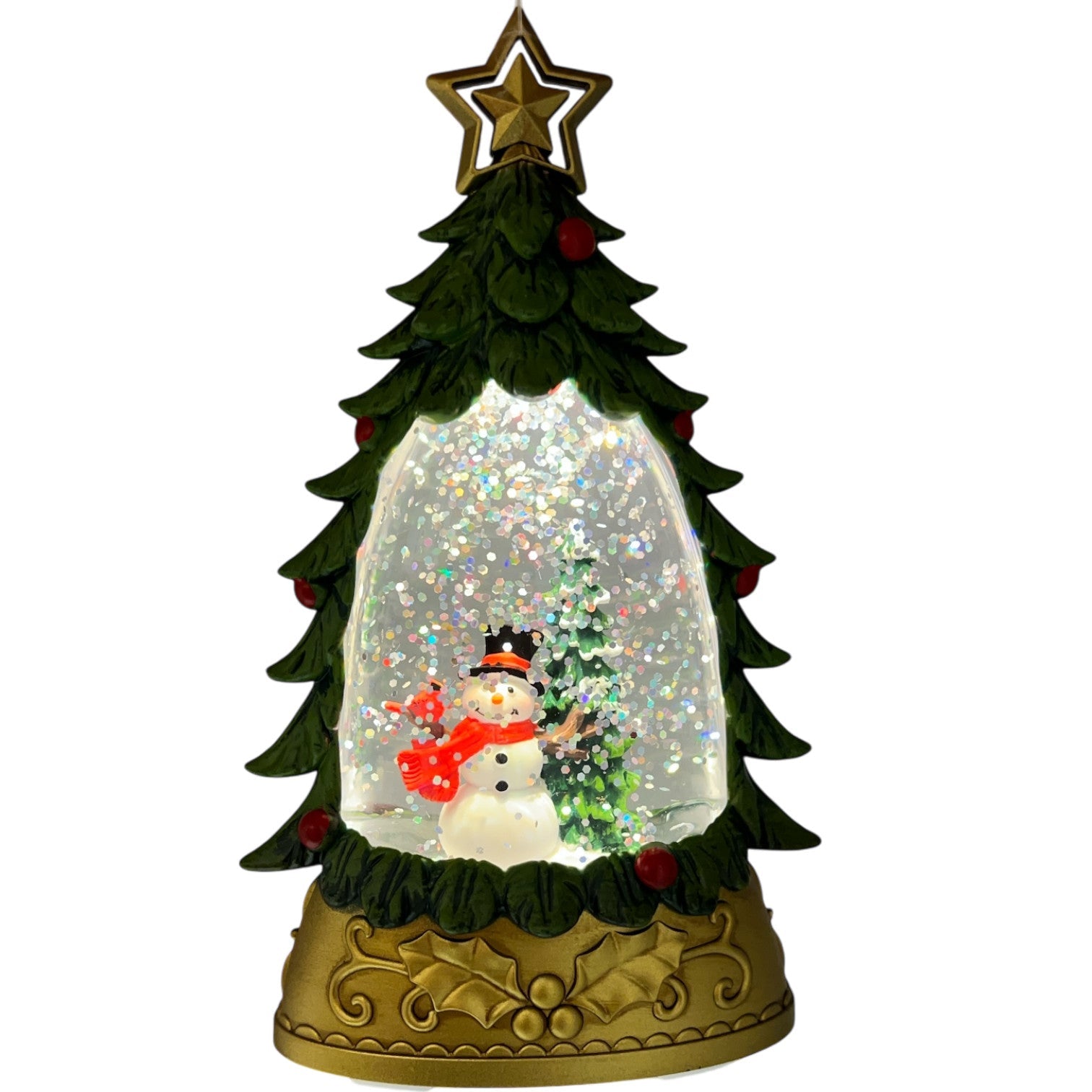 Snow globe tree ornament with water globe, snowman, green pine, red berries, gold star on Tampa Home & Garden Store