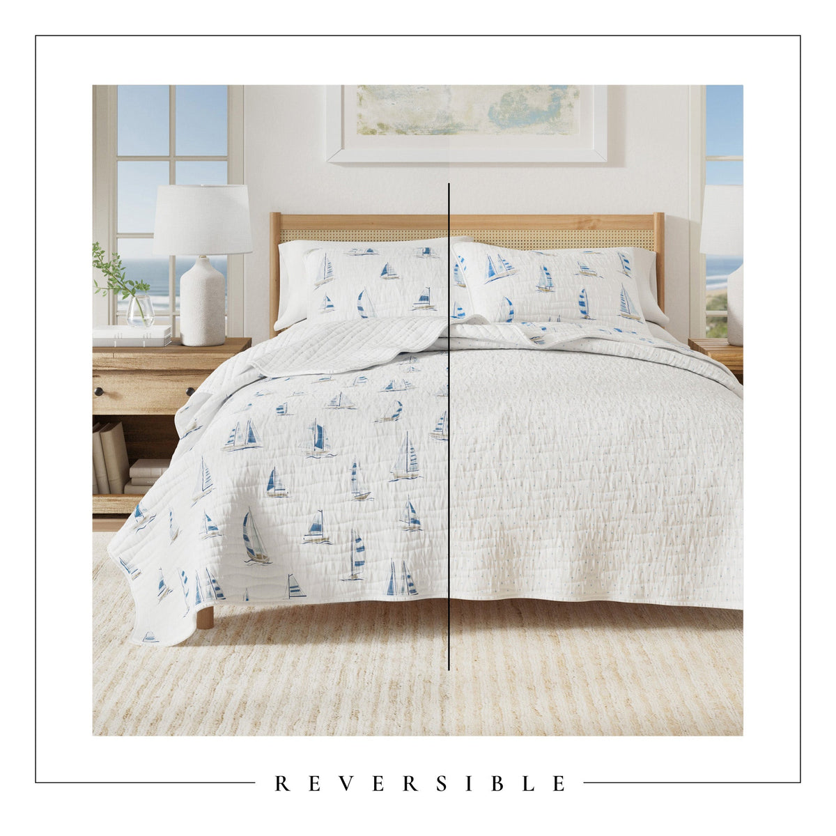 Coastal Blue Sailboat Quilt Set by Great Bay Home, Marzano Collection with sailboat-print quilt on Tampa Home & Garden Store