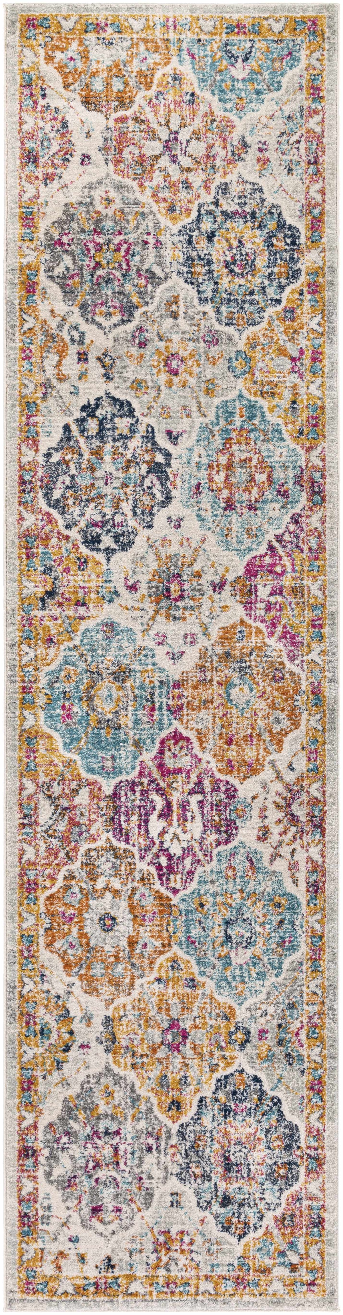 Custar Colorful Area Rug runner by Boutique Rugs with floral medallions in orange, teal, navy on Tampa Home & Garden Store