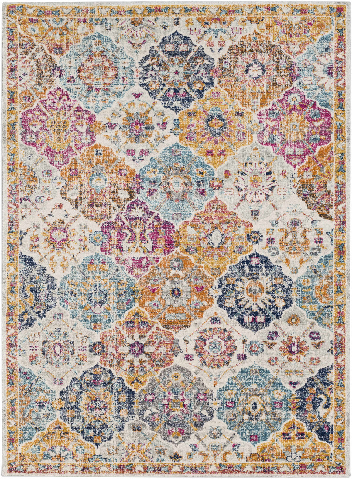 Custar Colorful Area Rug, pink, blue, yellow floral medallions on ivory by Boutique Rugs on Tampa Home & Garden Store