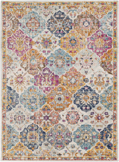 Custar Colorful Area Rug, pink, blue, yellow floral medallions on ivory by Boutique Rugs on Tampa Home & Garden Store