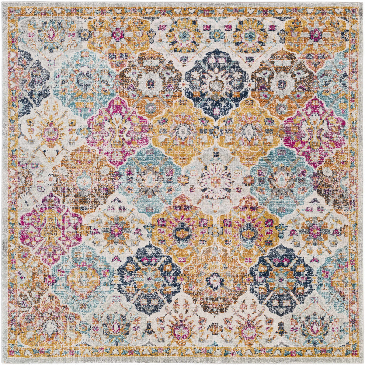 Custar Colorful Area Rug with vibrant vintage motif in gold teal pink by Boutique Rugs on Tampa Home & Garden Store