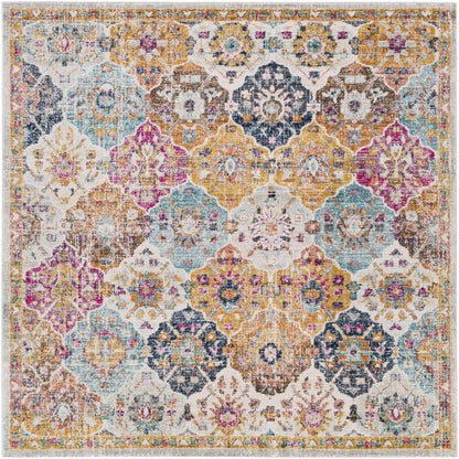 Custar Colorful Area Rug with vibrant vintage motif in gold teal pink by Boutique Rugs on Tampa Home & Garden Store
