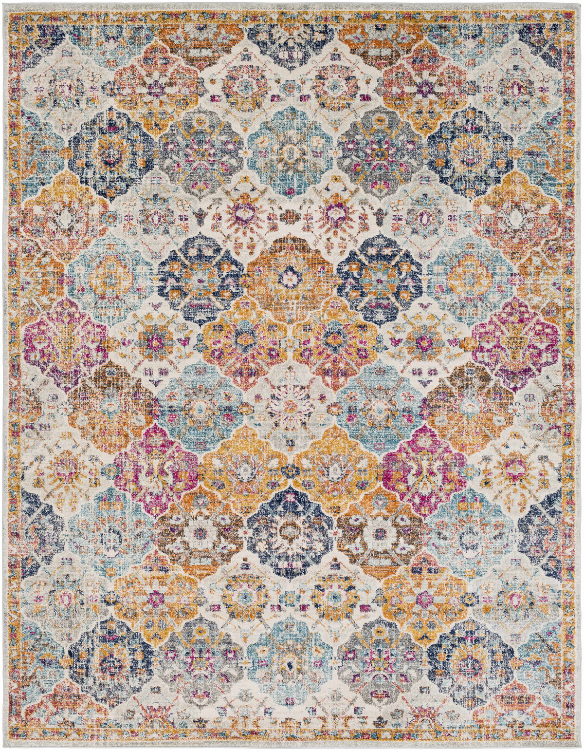 Custar Colorful Area Rug with ornate medallion motif in teal orange pink ivory by Boutique Rugs on Tampa Home & Garden Store