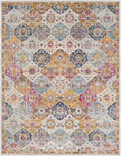 Custar Colorful Area Rug with ornate medallion motif in teal orange pink ivory by Boutique Rugs on Tampa Home & Garden Store