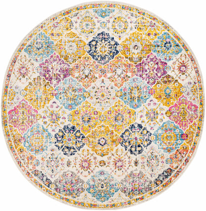 Custar Colorful Area Rug round with yellow blue pink medallion pattern on ivory on Tampa Home & Garden Store