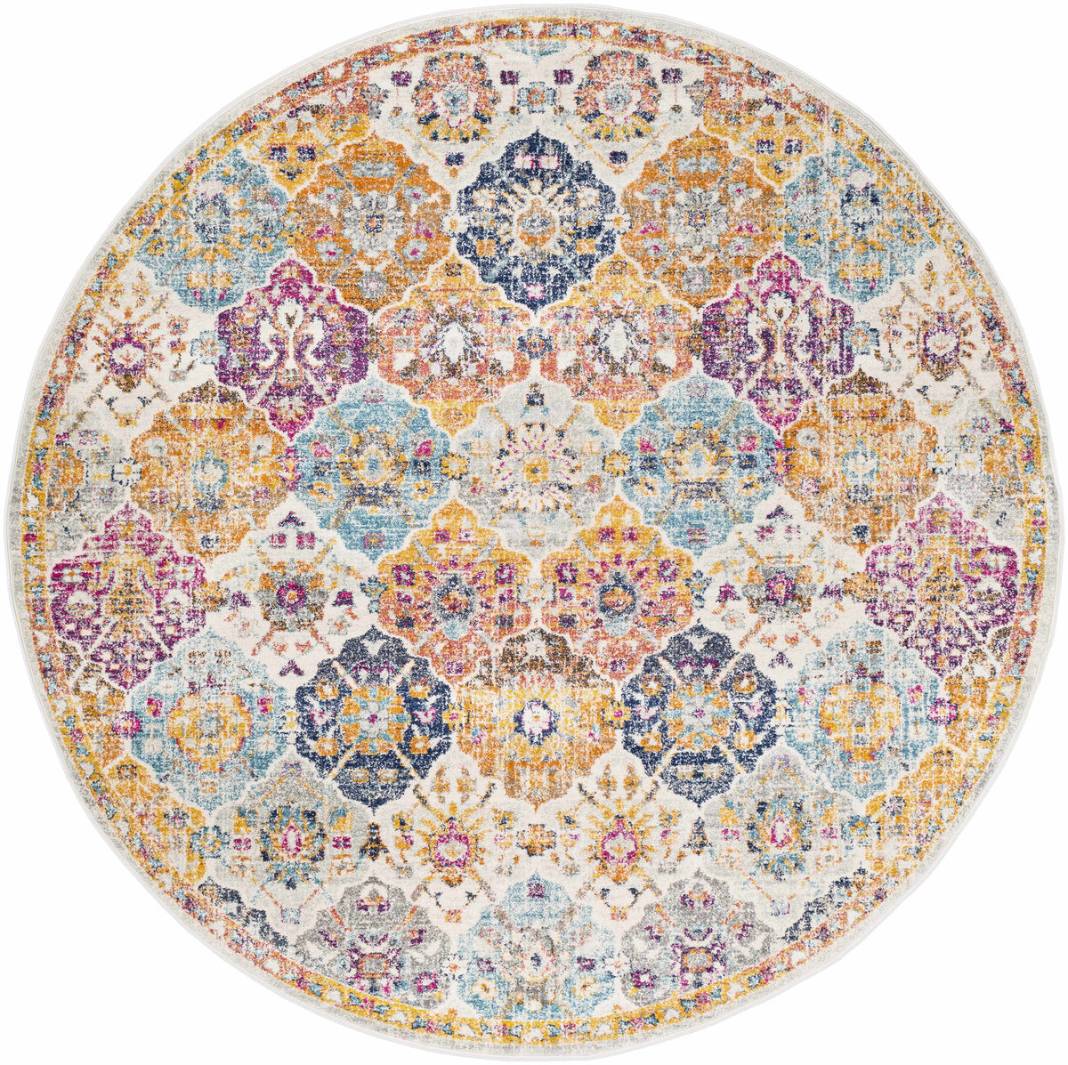 Custar Colorful Area Rug, round multicolor floral pattern in blues and oranges, Boutique Rugs on Tampa Home & Garden Store
