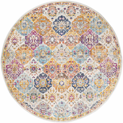 Custar Colorful Area Rug, round multicolor floral pattern in blues and oranges, Boutique Rugs on Tampa Home & Garden Store