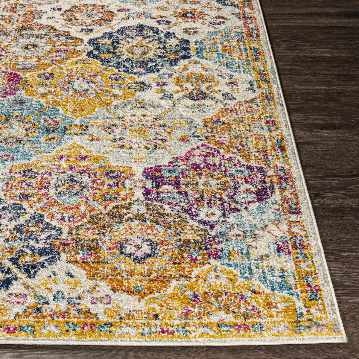 Custar Colorful Area Rug, Boutique Rugs, vibrant multicolor pattern on light ground on Tampa Home & Garden Store
